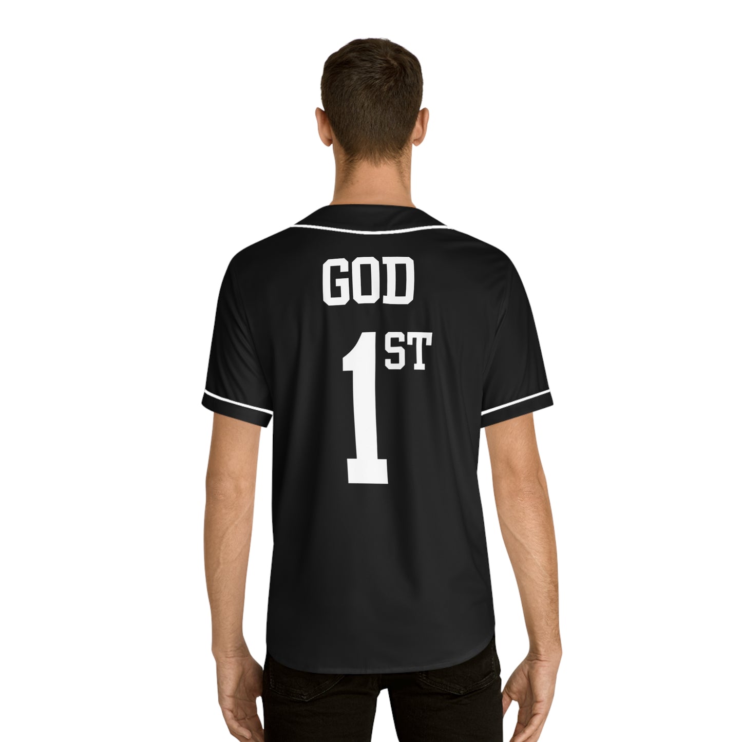 God 1st Men's Baseball Jersey (White on Black)