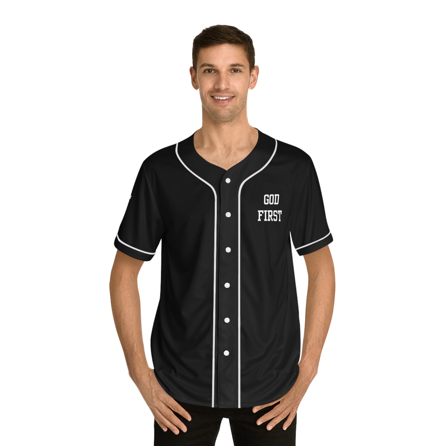 God 1st Men's Baseball Jersey (White on Black)