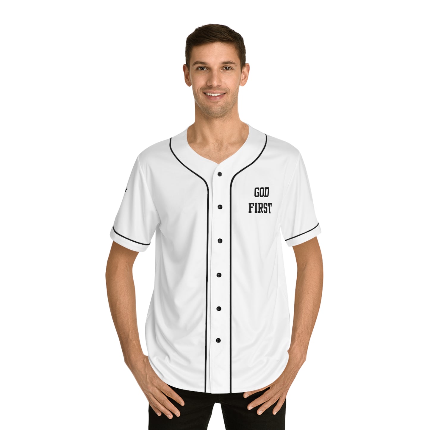 God 1st Men's Baseball Jersey (Black on White)