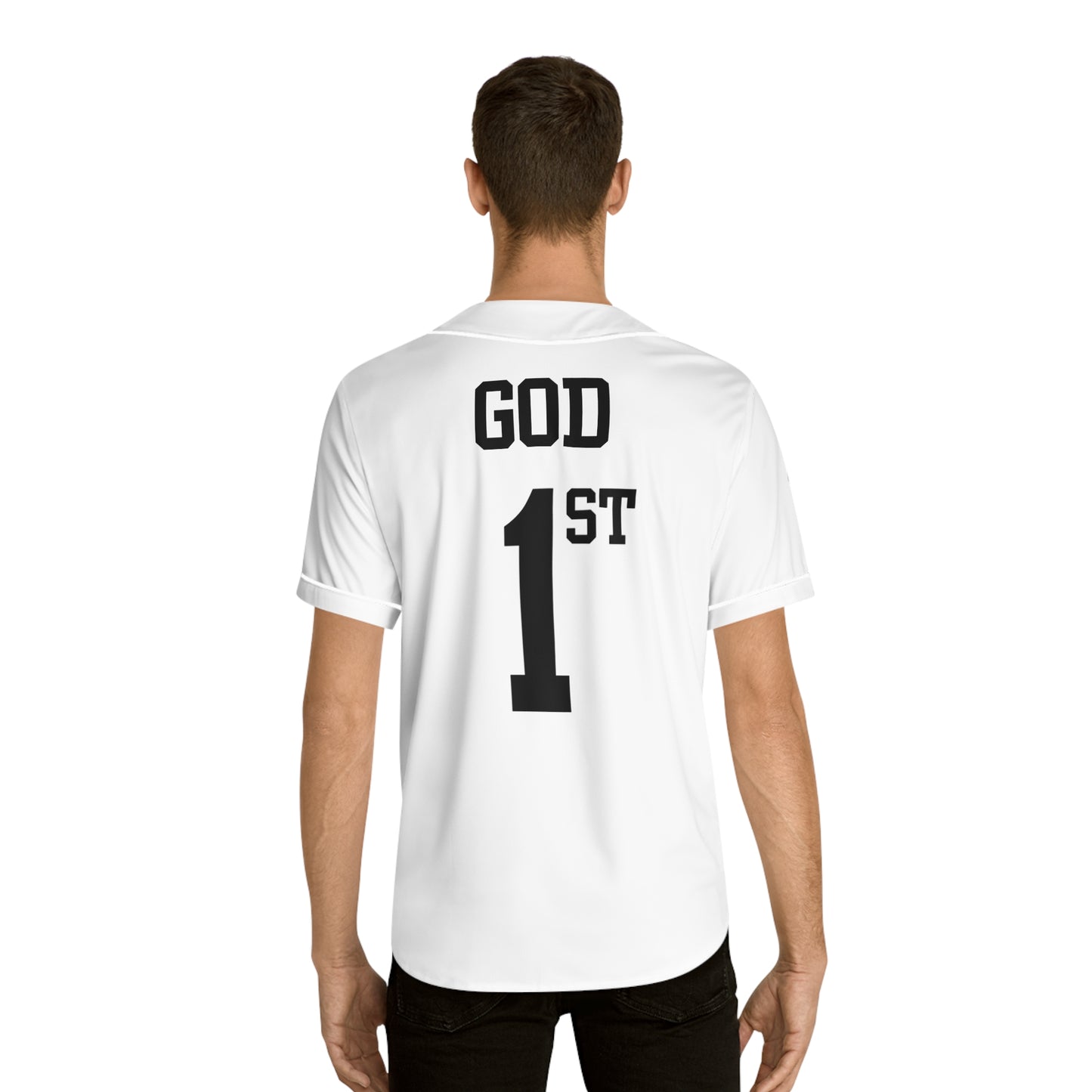 God 1st Men's Baseball Jersey (Black on White)